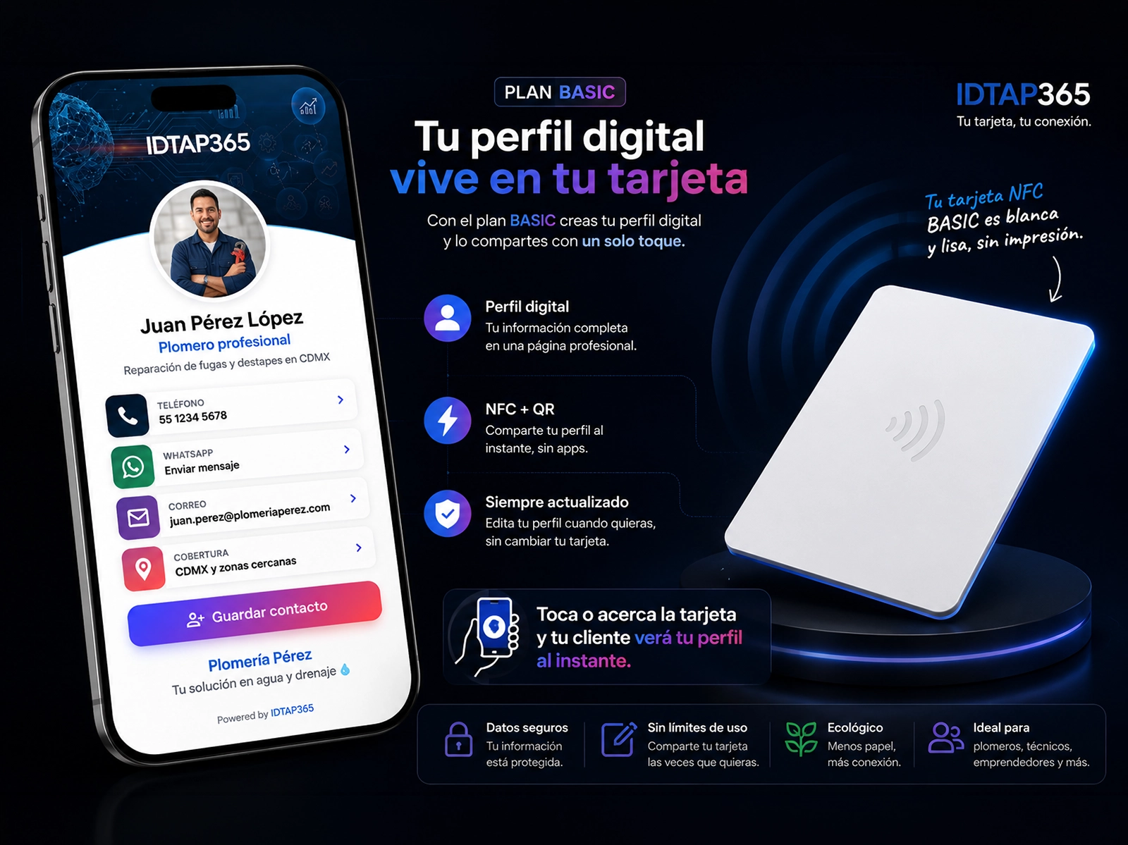 Ejemplo de perfil digital IDTAP365 Basic para plomero con tarjeta NFC blanca sin impresión