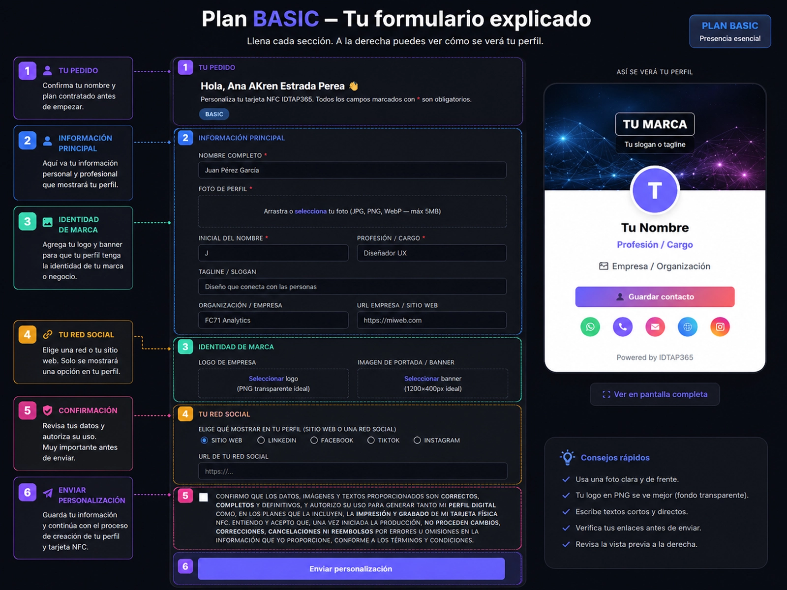 Formulario del plan Basic IDTAP365 explicado por secciones