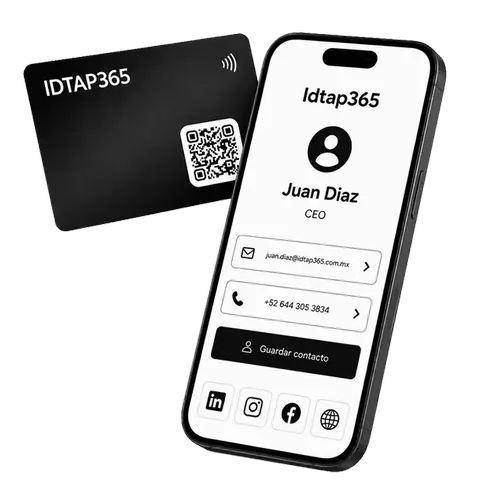 Tarjeta NFC profesional IDTAP365 con perfil digital de contacto en teléfono