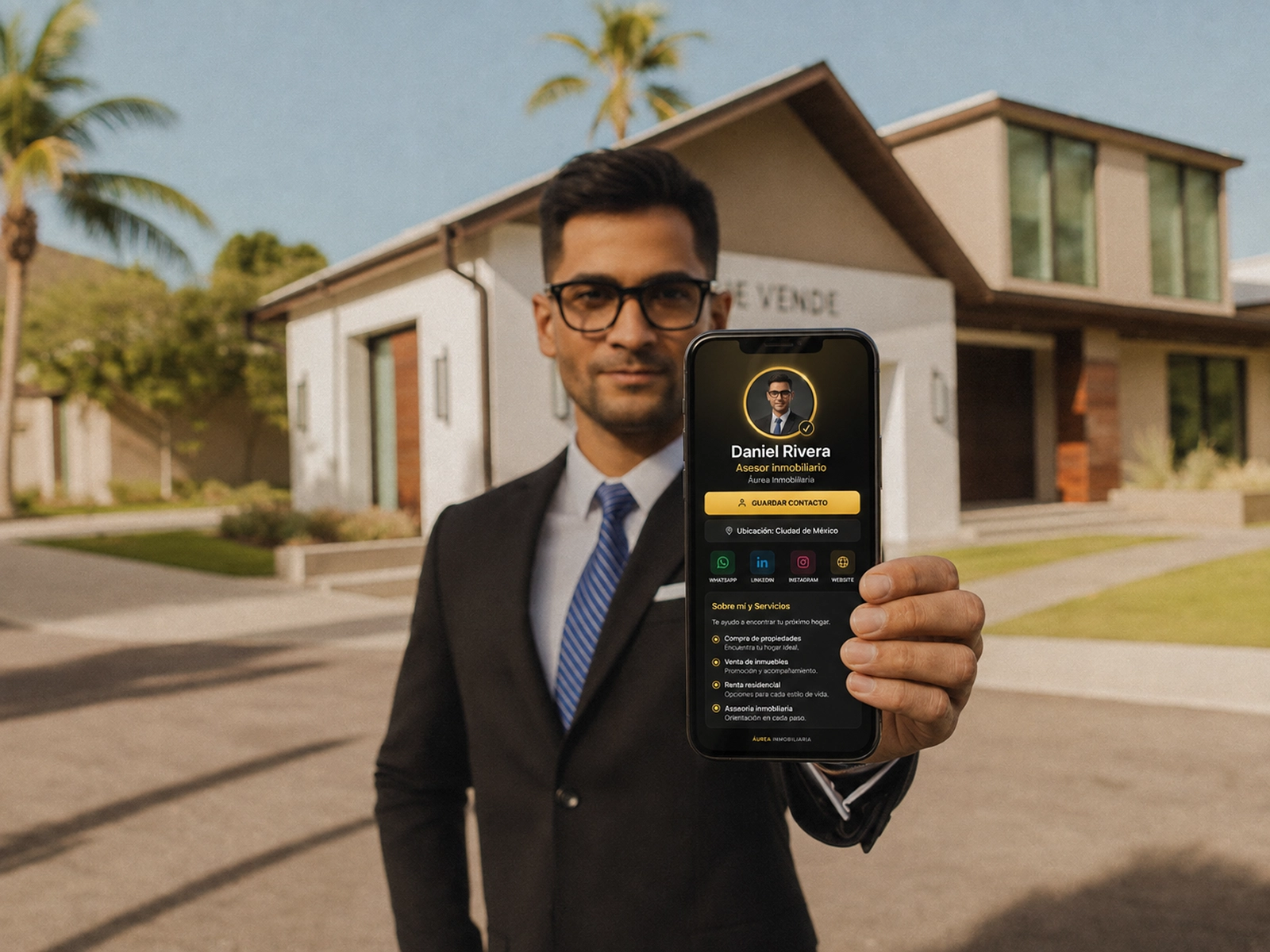 Agente inmobiliario compartiendo su tarjeta NFC IDTAP365 con un prospecto frente a una propiedad en venta