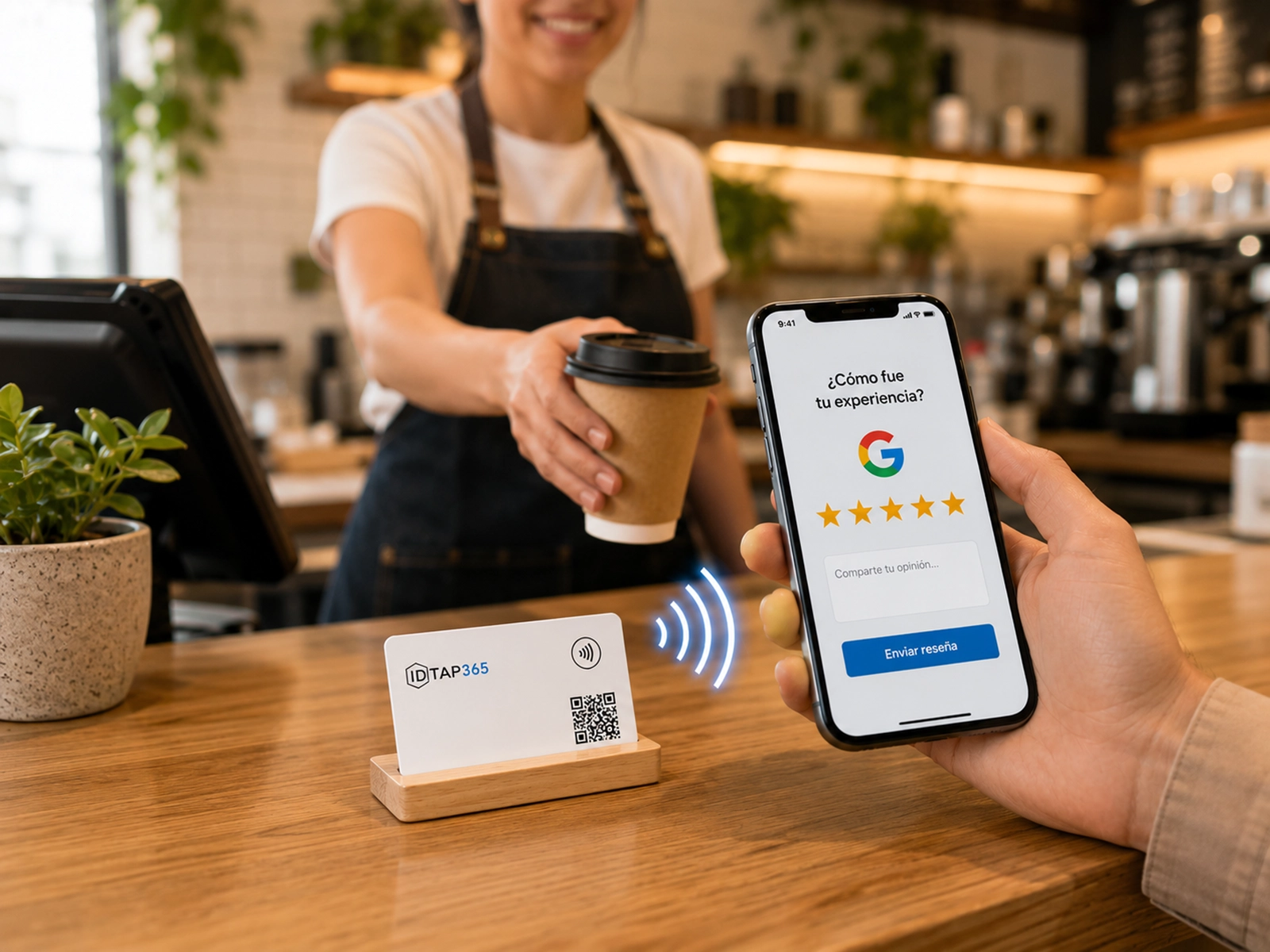 Tarjeta NFC IDTAP365 en el mostrador de un negocio local para pedir reseñas en Google